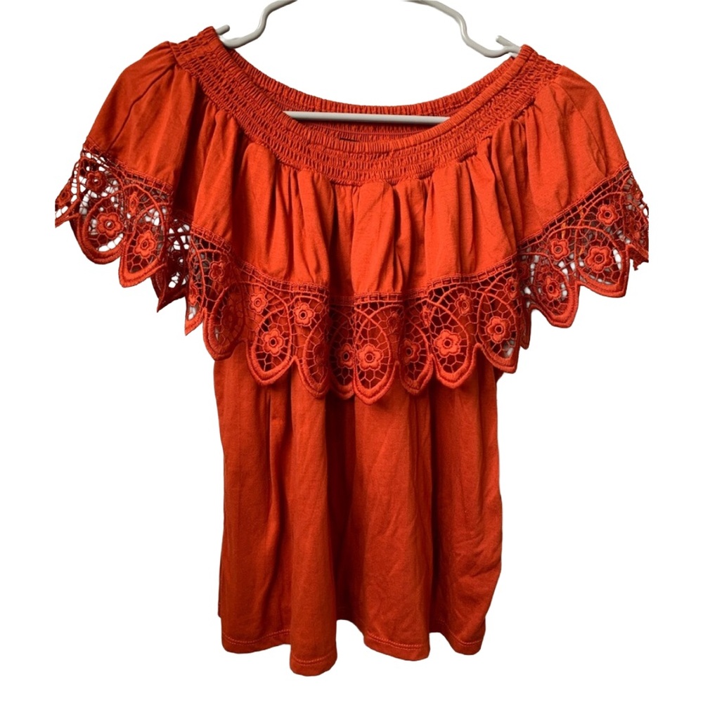 80 PARK Women’s Paprika Red Ruffle Lace Top Elastic Off Shoulder Jersey Knit Top